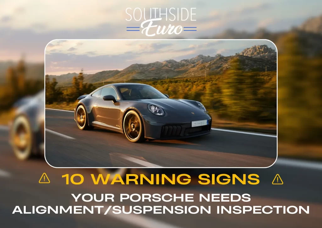Porsche sports car driving on road with alignment warning signs.
