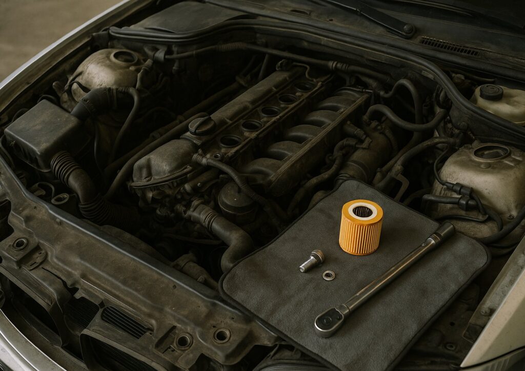 Open engine bay of a German sedan with a new oil filter, drain plug and torque wrench ready for service