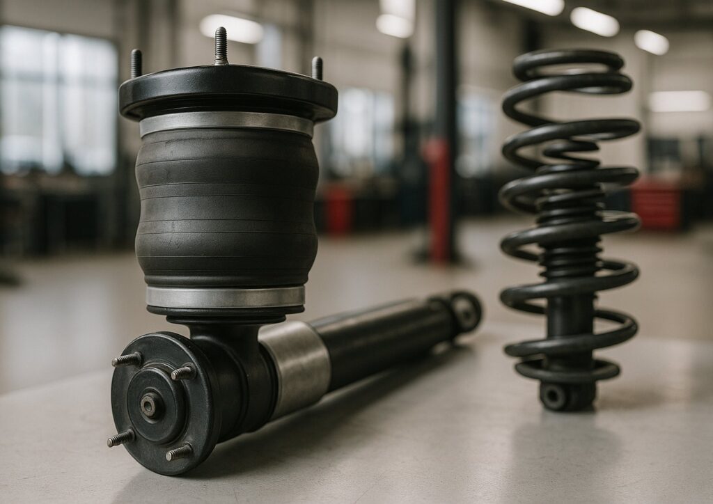 Air suspension strut and a conventional coil spring and shock assembly side by side on a workbench in a European car repair shop