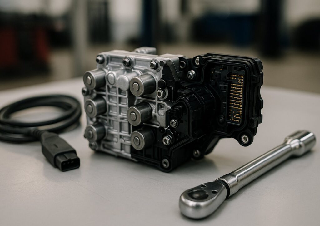 Dual-clutch transmission mechatronic control unit with solenoids and circuit board resting on a workbench beside a diagnostic cable