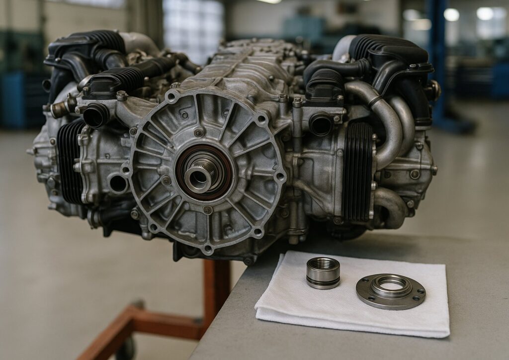 Flat-six sports car engine on an engine stand with an intermediate shaft bearing and flange laid out beside it on a shop towel