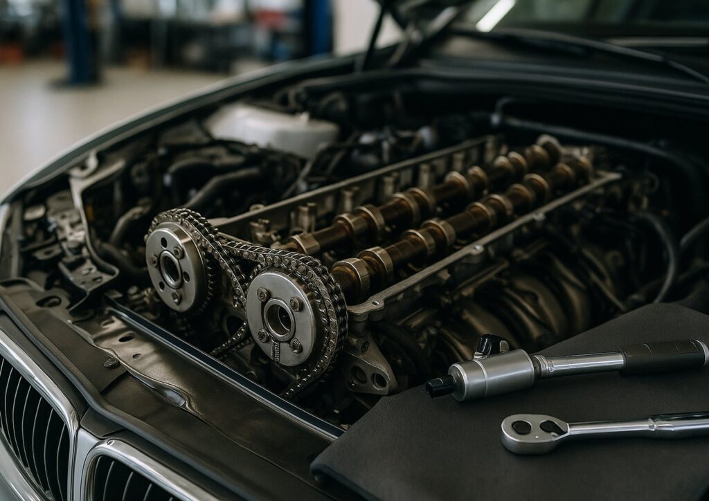 Inline-six engine with the valve cover off showing the camshafts, timing chain and variable valve timing units, a new solenoid on a fender cover