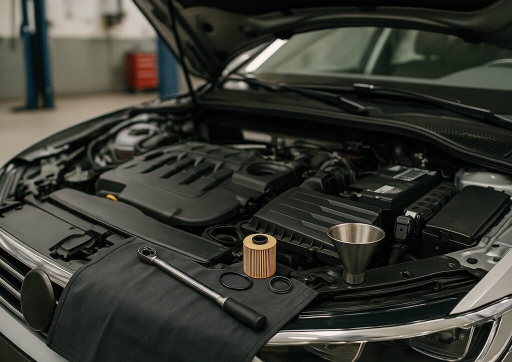 Open engine bay of a European sedan during an oil service, with a new cartridge oil filter, torque wrench and funnel on a fender cover
