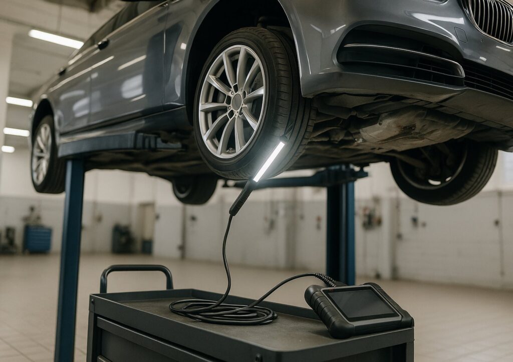 Used European sedan raised on a lift during a pre-purchase inspection in a Jacksonville repair shop, with an inspection light on the underside and a diagnostic scan tool on a tool cart