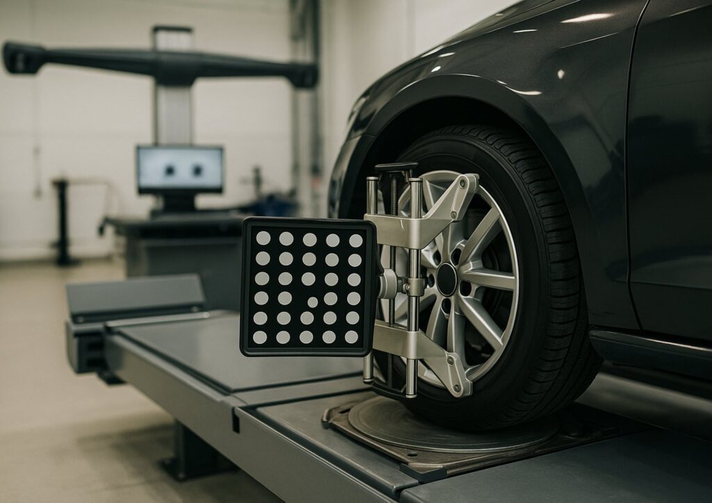 Wheel alignment targets clamped to the front wheel of a sedan on an alignment rack in a European car repair shop